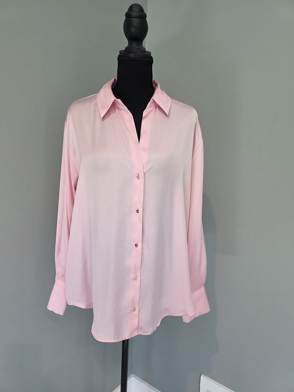 Zara Pale Pink Long-Sleeve Satin Button-Down Blouse